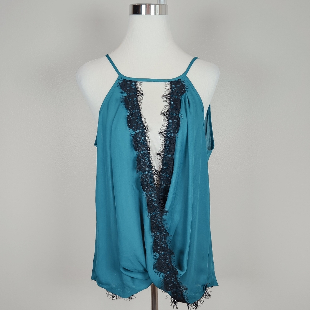 VANITY ROOM Green Chiffon Lace Trim Sleeveless Blouse Large Whimsigoth